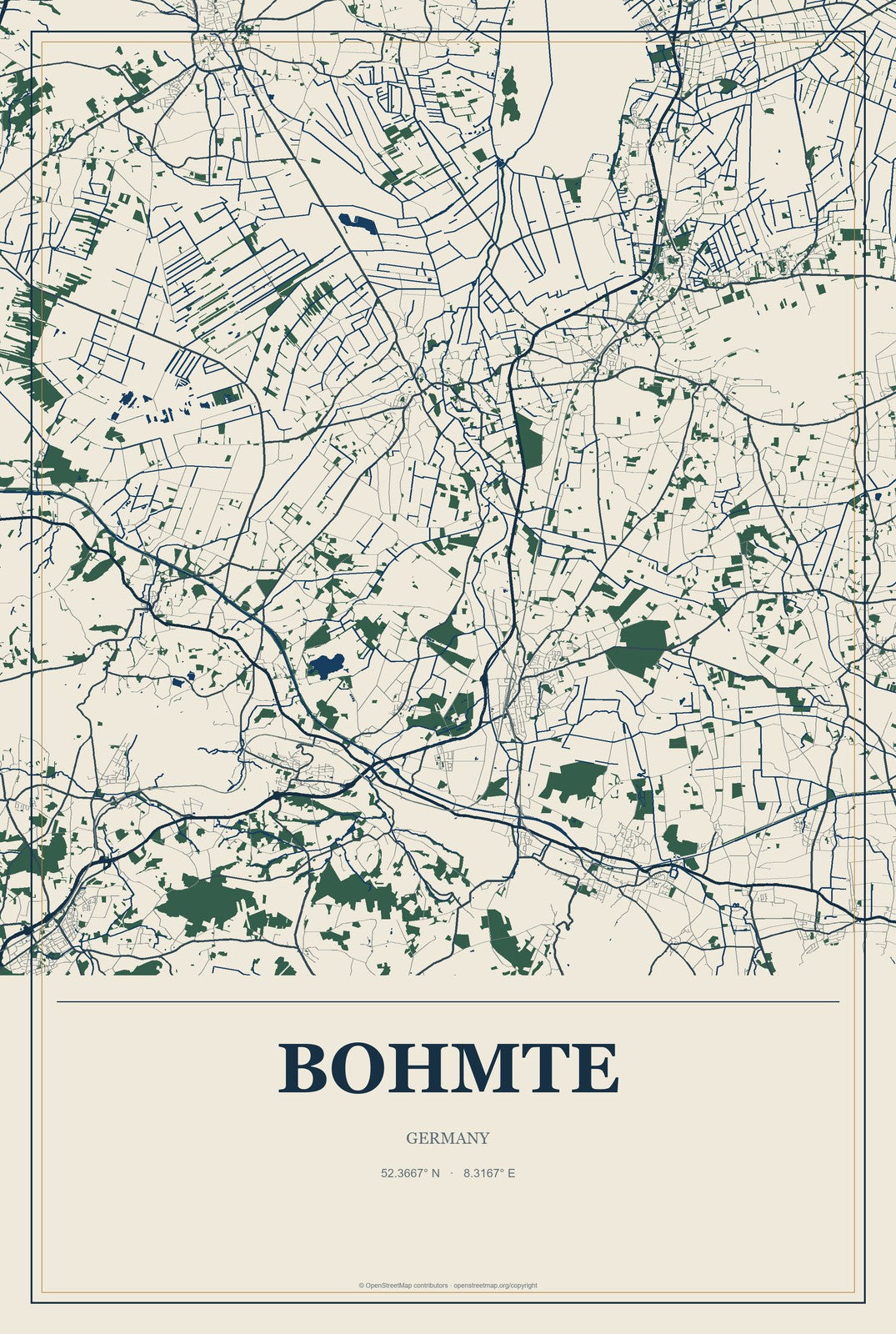 Bohmte, Germany City Map Aluminum Sign in Coastal Cutout style