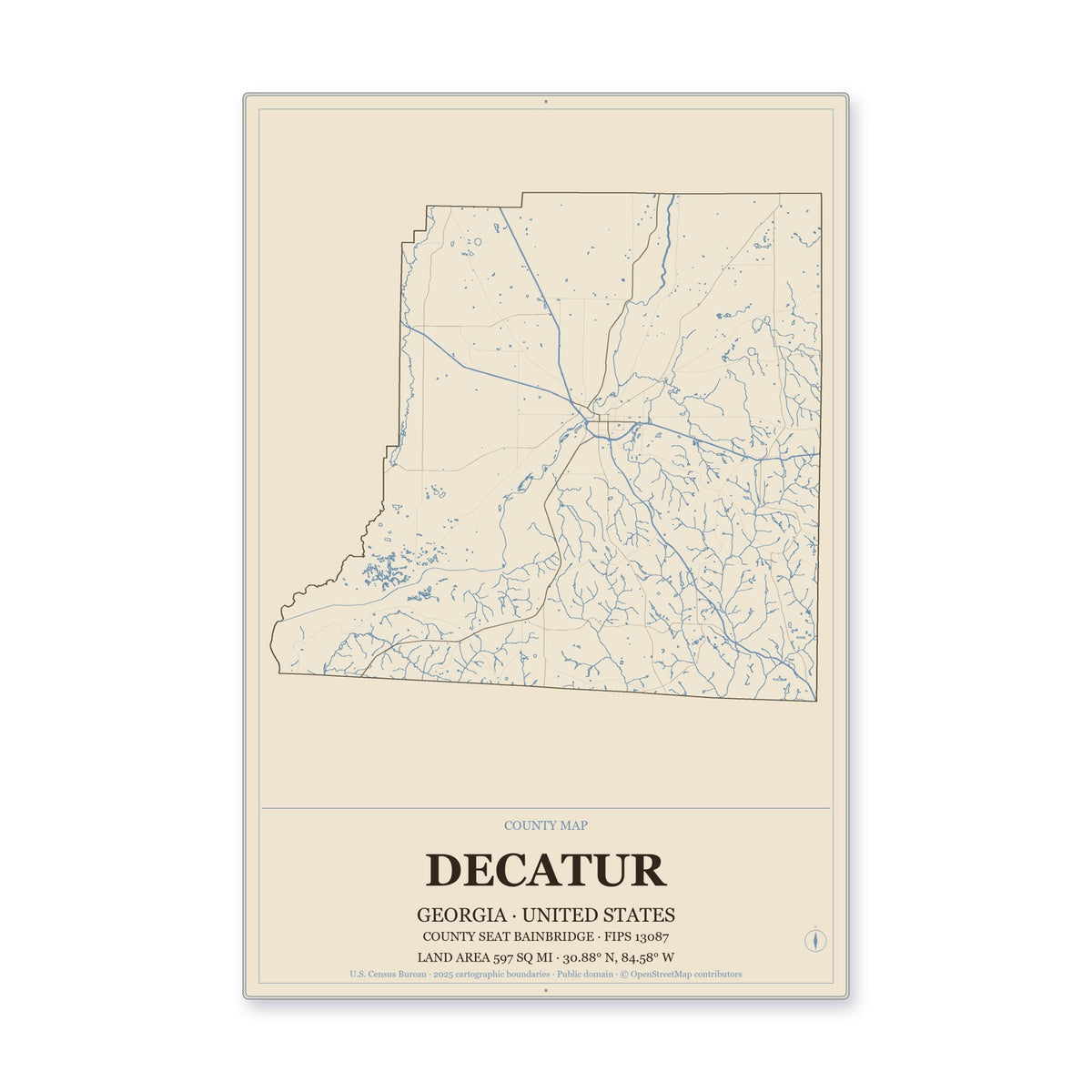 Decatur County, Georgia Map Aluminum Sign in Heritage Nautical style