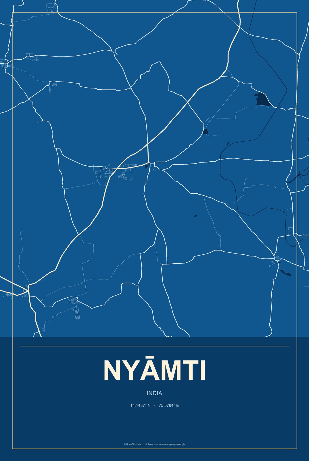 Nyāmti, India City Map Aluminum Sign in Harbor Cobalt style