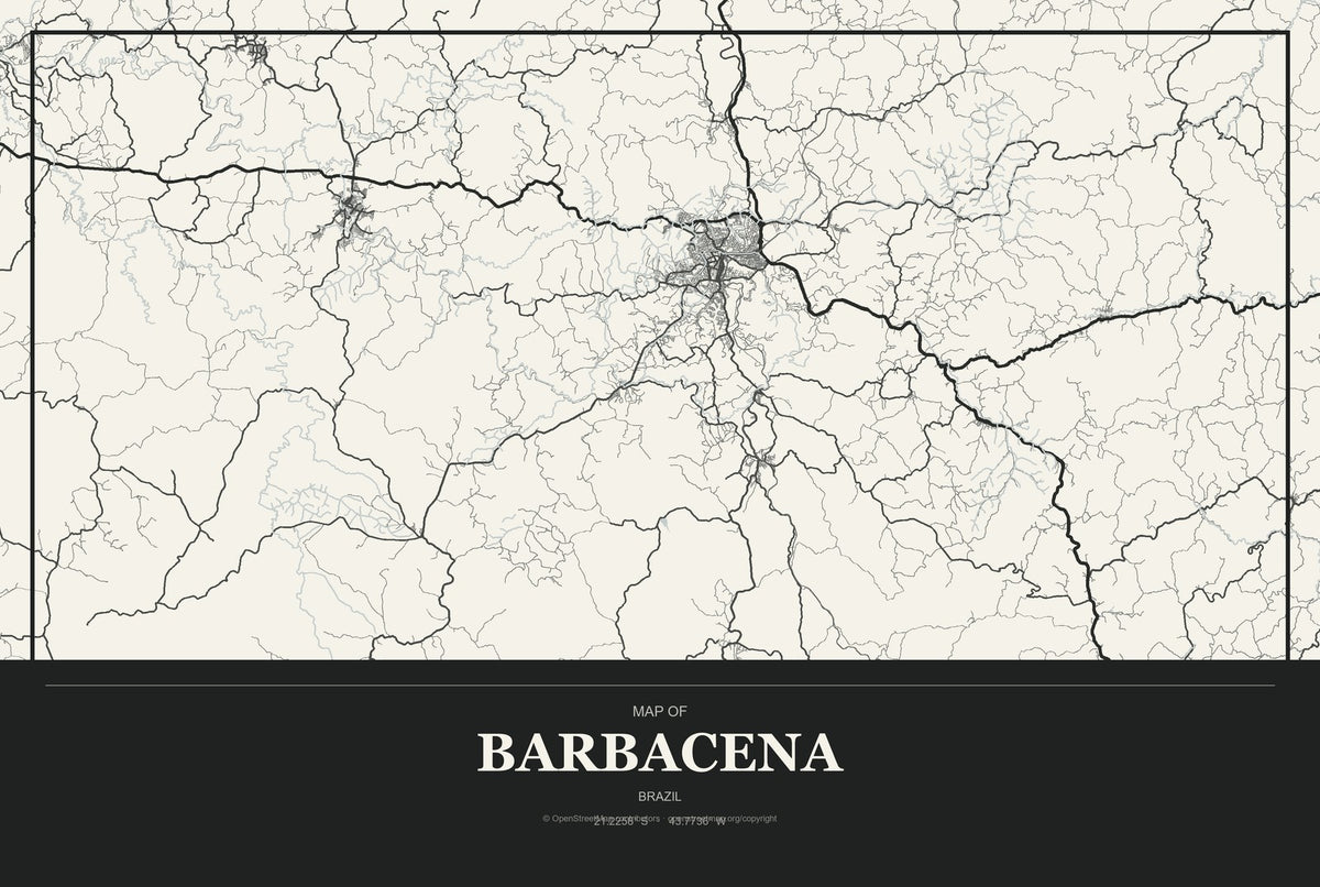 Barbacena, Brazil City Map Aluminum Sign in Museum Plaque style