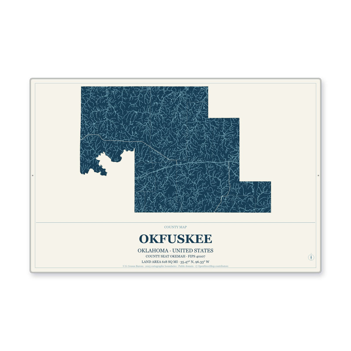 Okfuskee County, Oklahoma Map Aluminum Sign in Coastal Cutout style