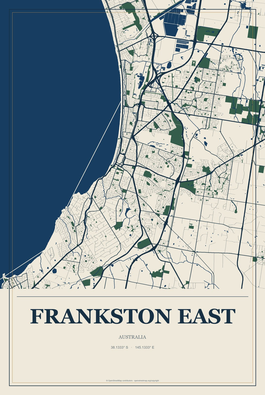 Frankston East, Australia City Map Aluminum Sign in Coastal Cutout style