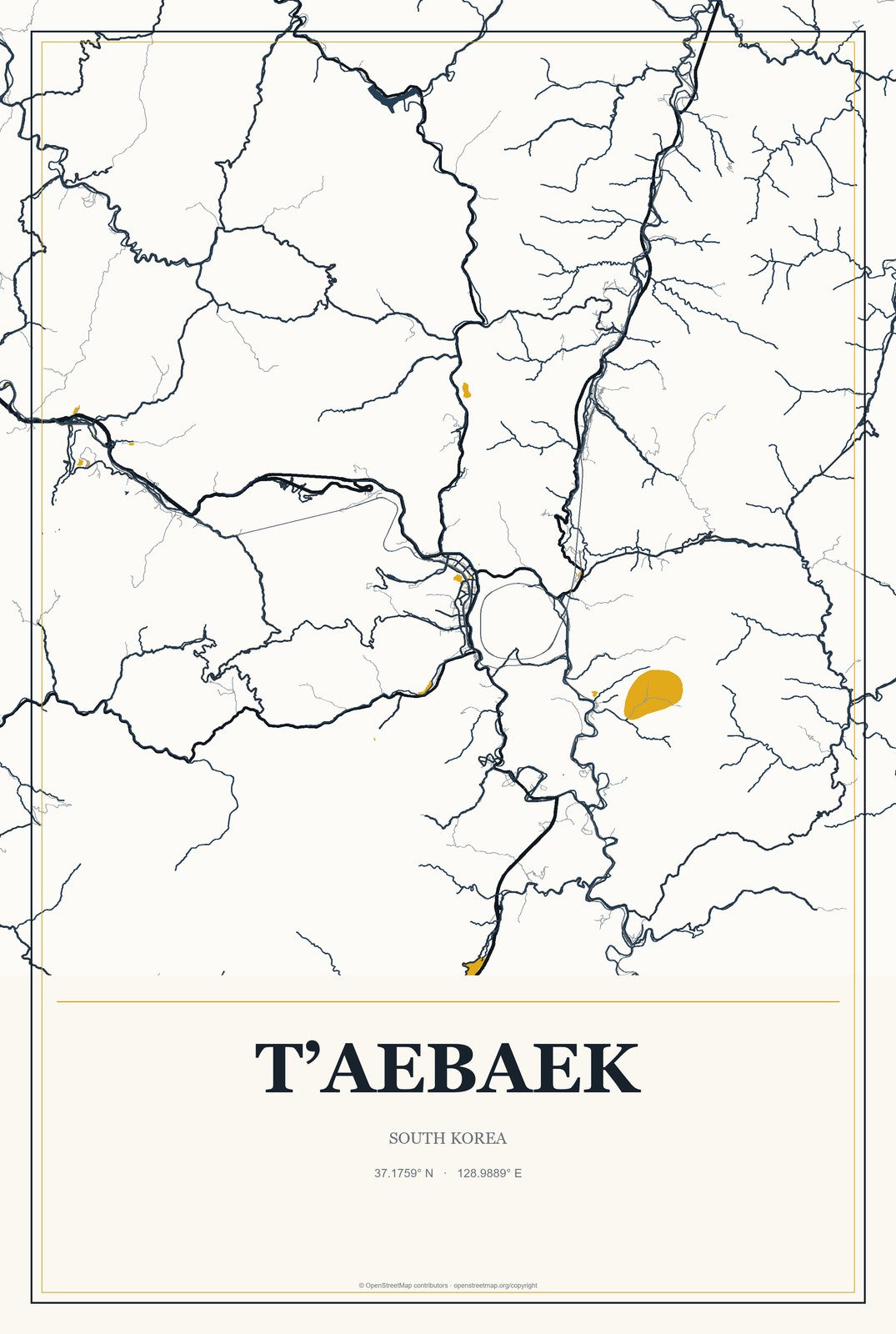 T’aebaek, South Korea City Map Aluminum Sign in Citrine Modern style