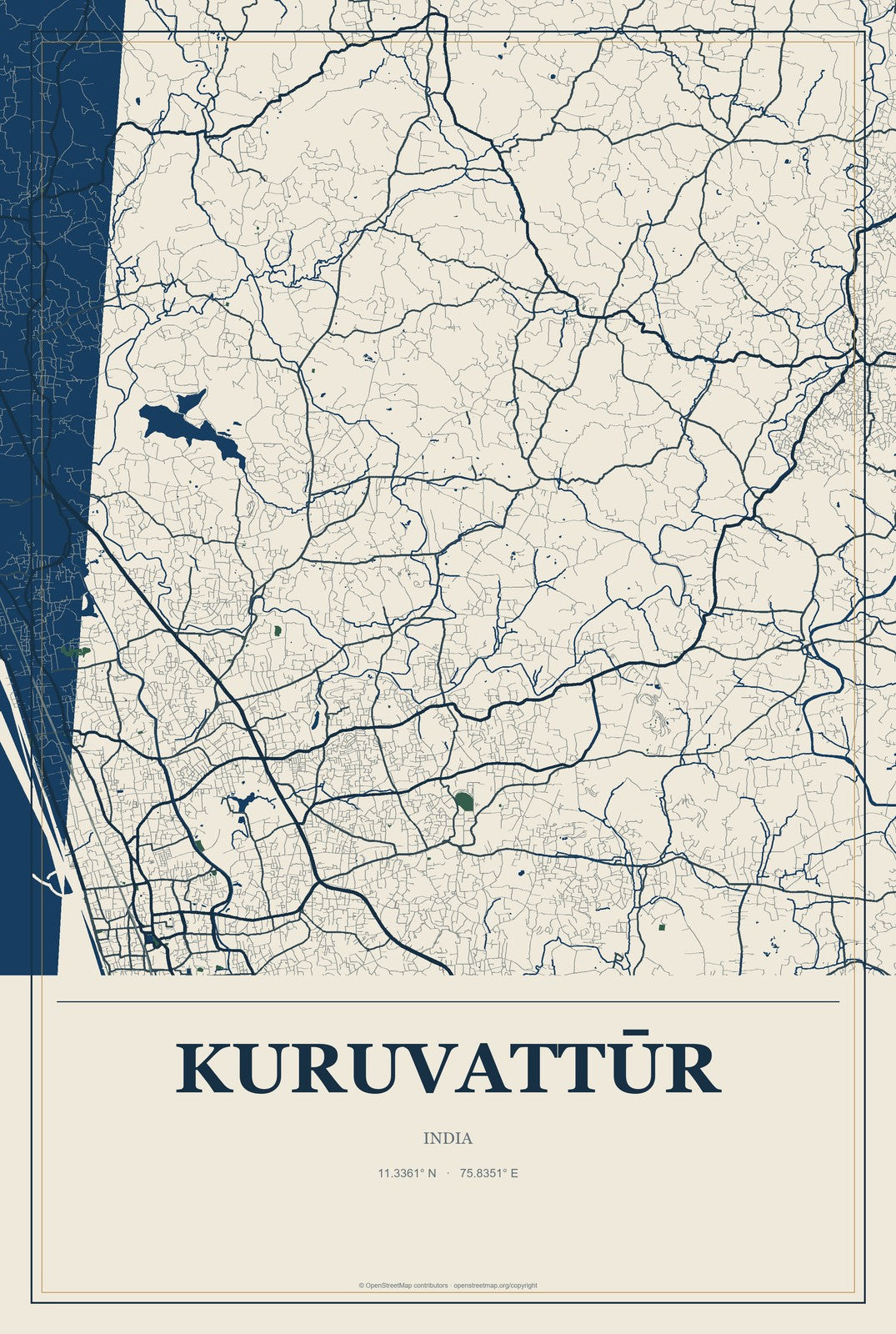 Kuruvattūr, India City Map Aluminum Sign in Coastal Cutout style