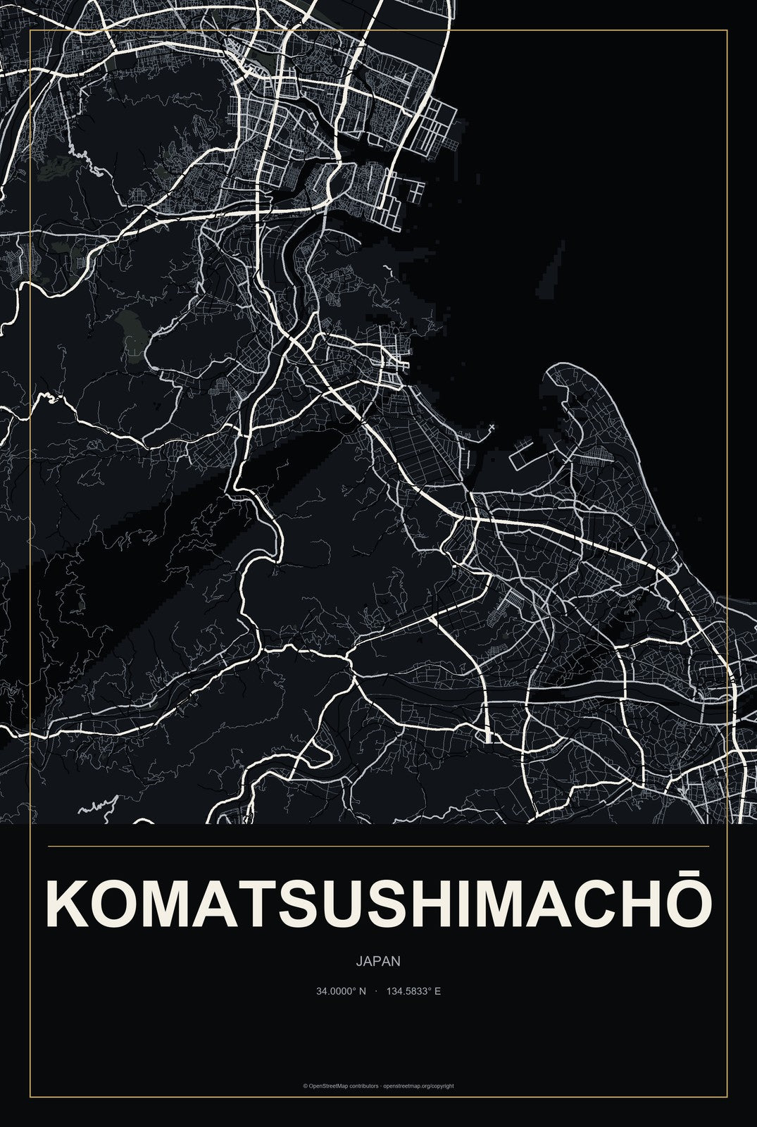 Komatsushimachō, Japan City Map Aluminum Sign in Metropolitan Noir style