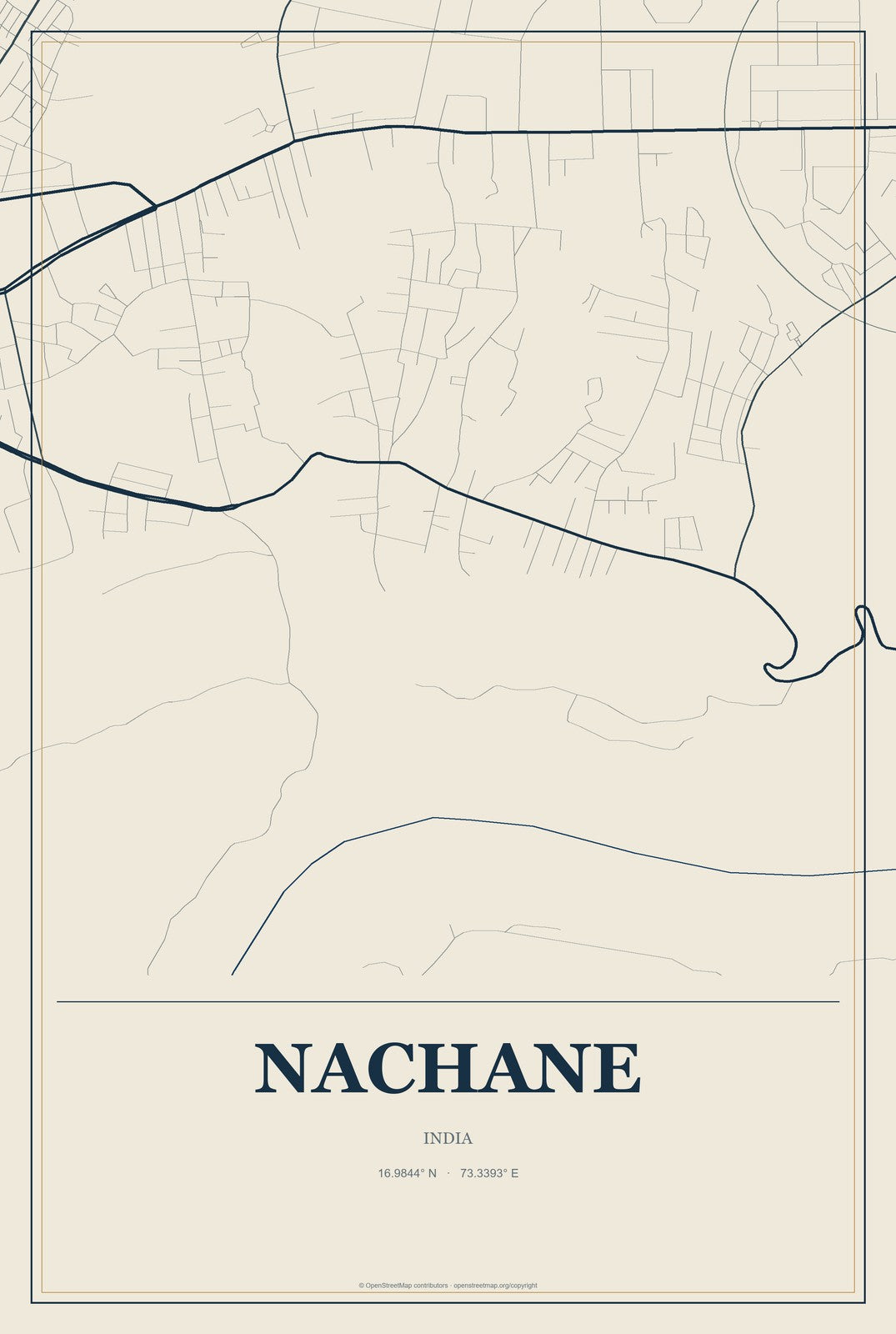 Nachane, India City Map Aluminum Sign in Coastal Cutout style