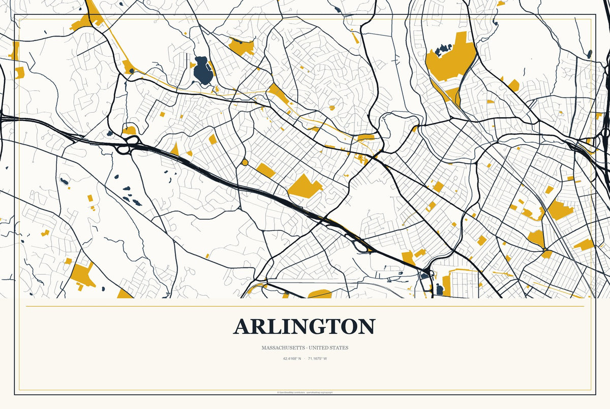 Arlington, Massachusetts City Map Aluminum Sign in Citrine Modern style