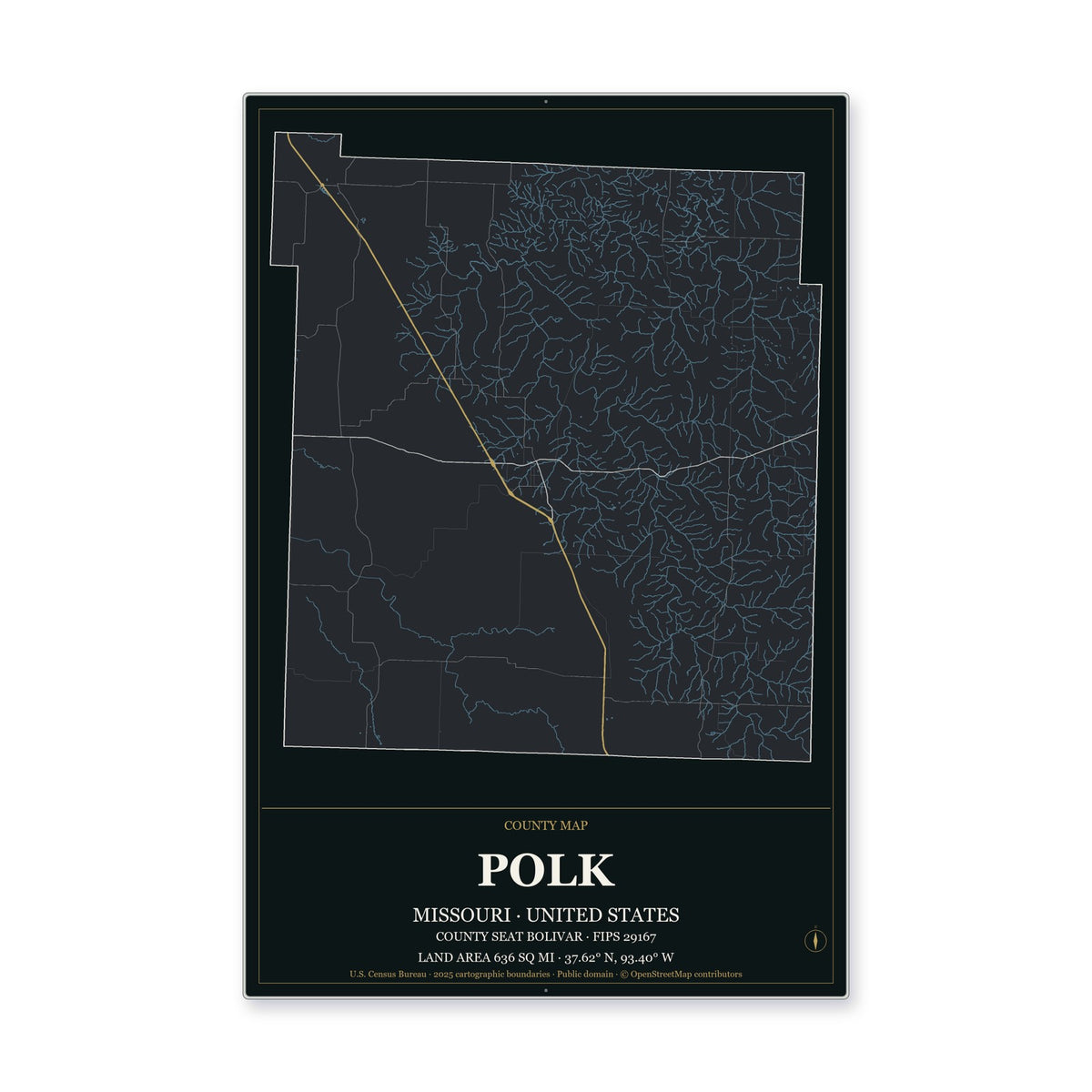 Polk County, Missouri Map Aluminum Sign in Metropolitan Noir style