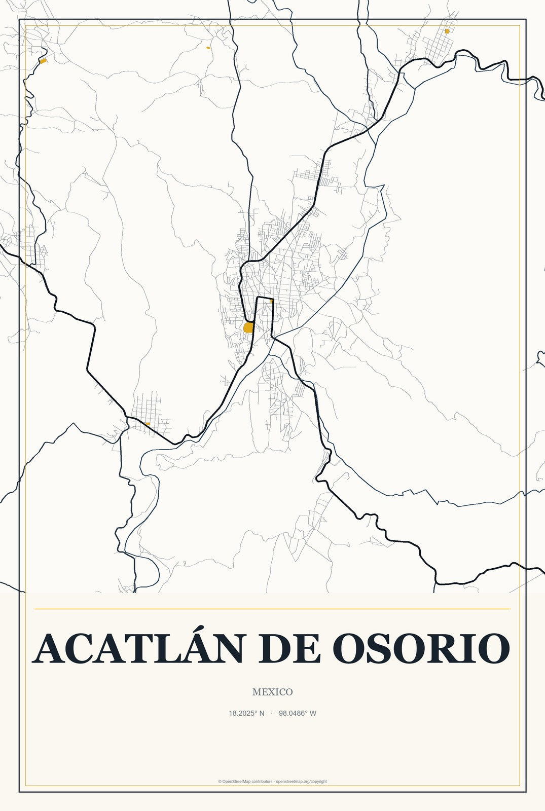 Acatlán de Osorio, Mexico City Map Aluminum Sign in Citrine Modern style