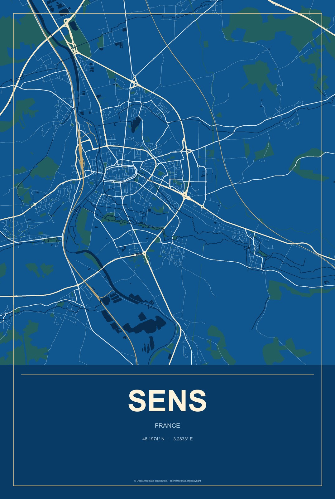 Sens, France City Map Aluminum Sign in Harbor Cobalt style