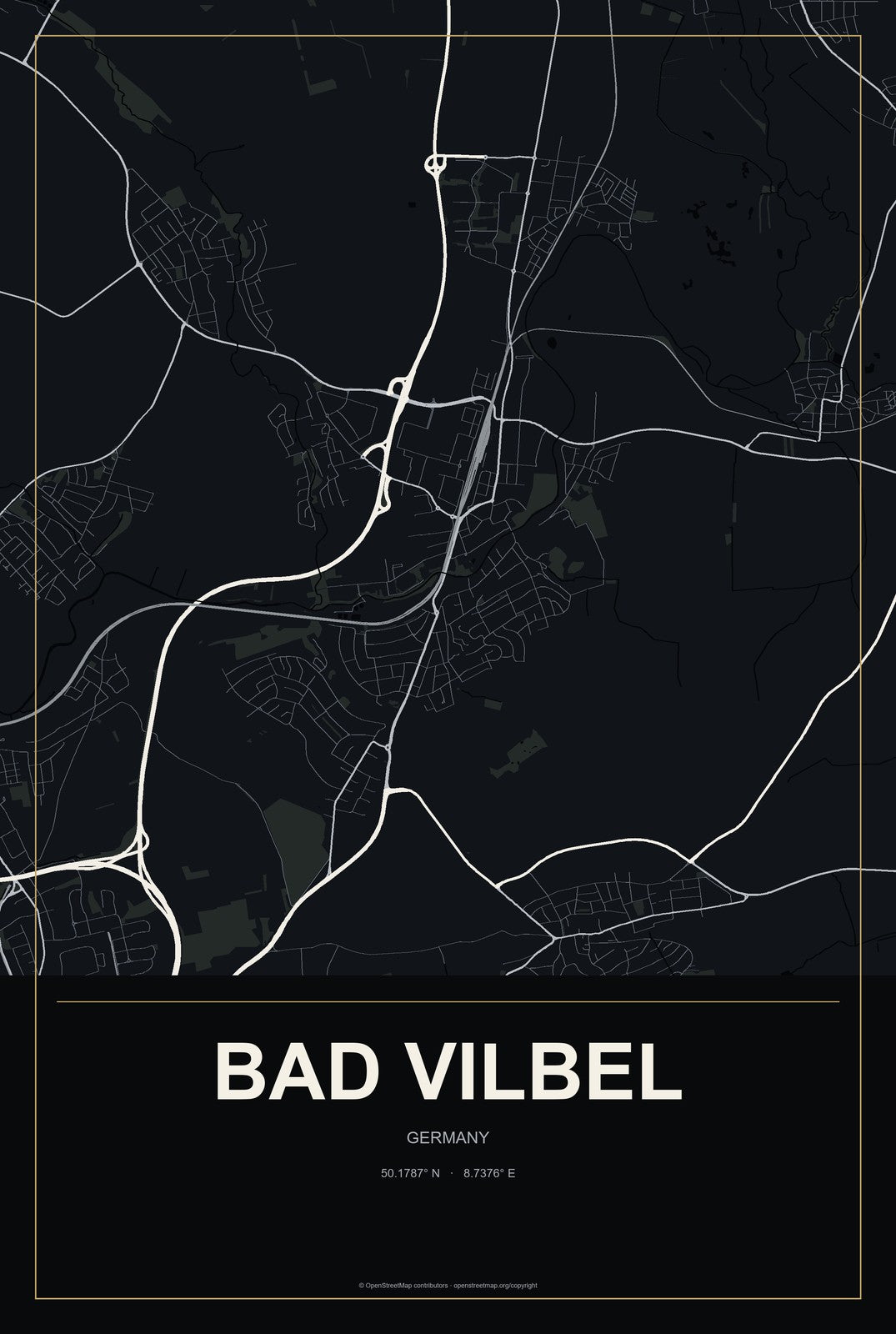 Bad Vilbel, Germany City Map Aluminum Sign in Metropolitan Noir style