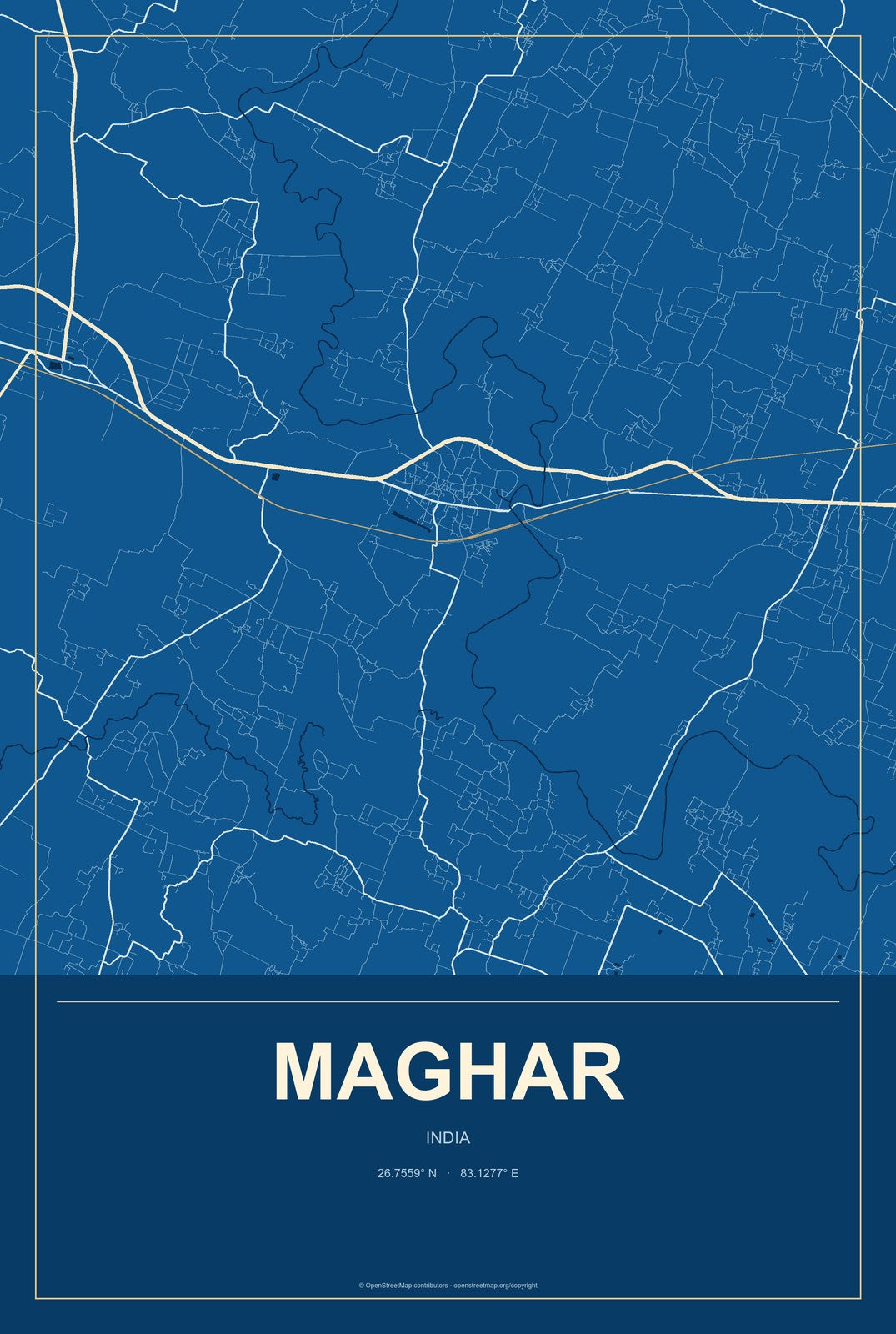 Maghar, India City Map Aluminum Sign in Harbor Cobalt style