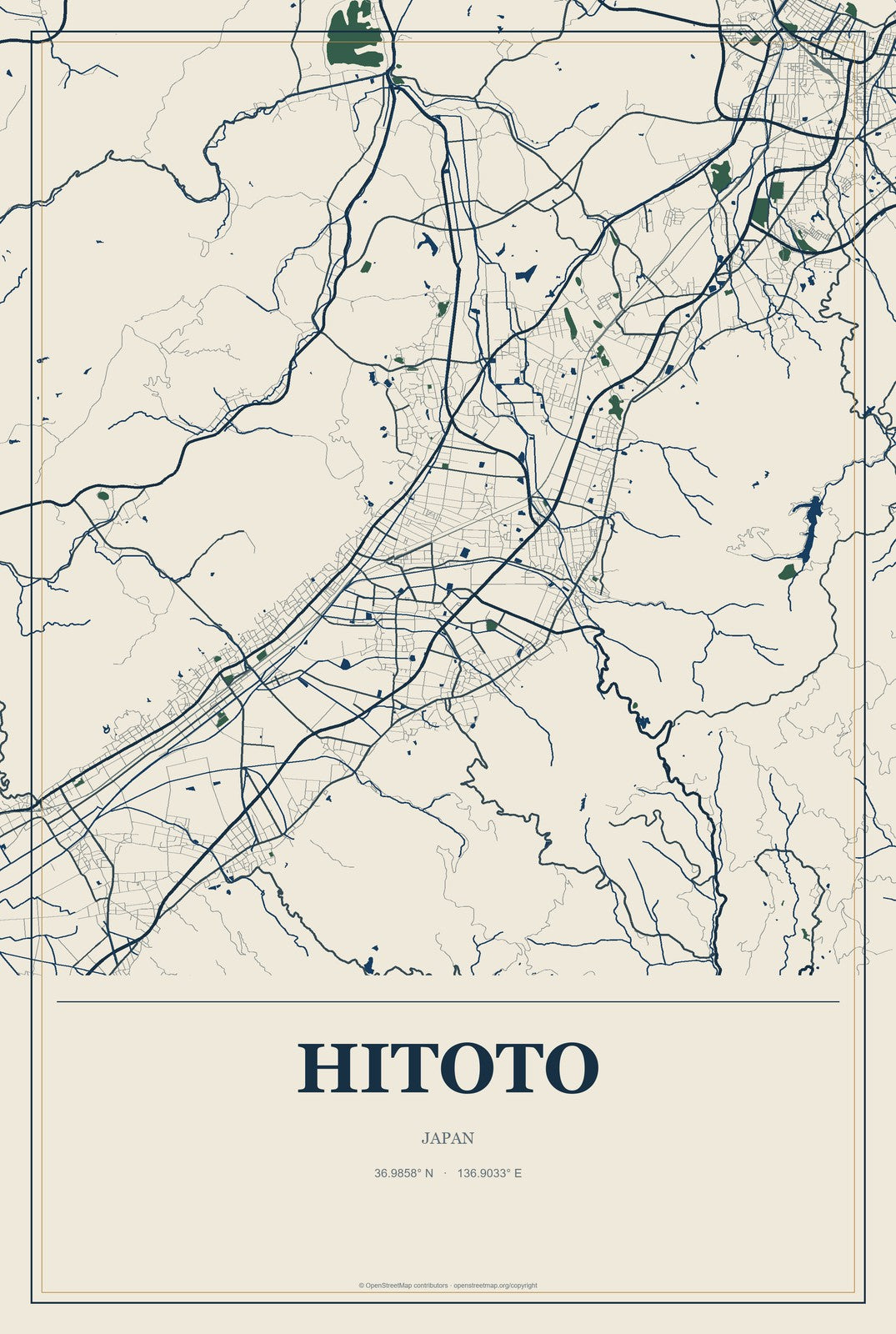 Hitoto, Japan City Map Aluminum Sign in Coastal Cutout style