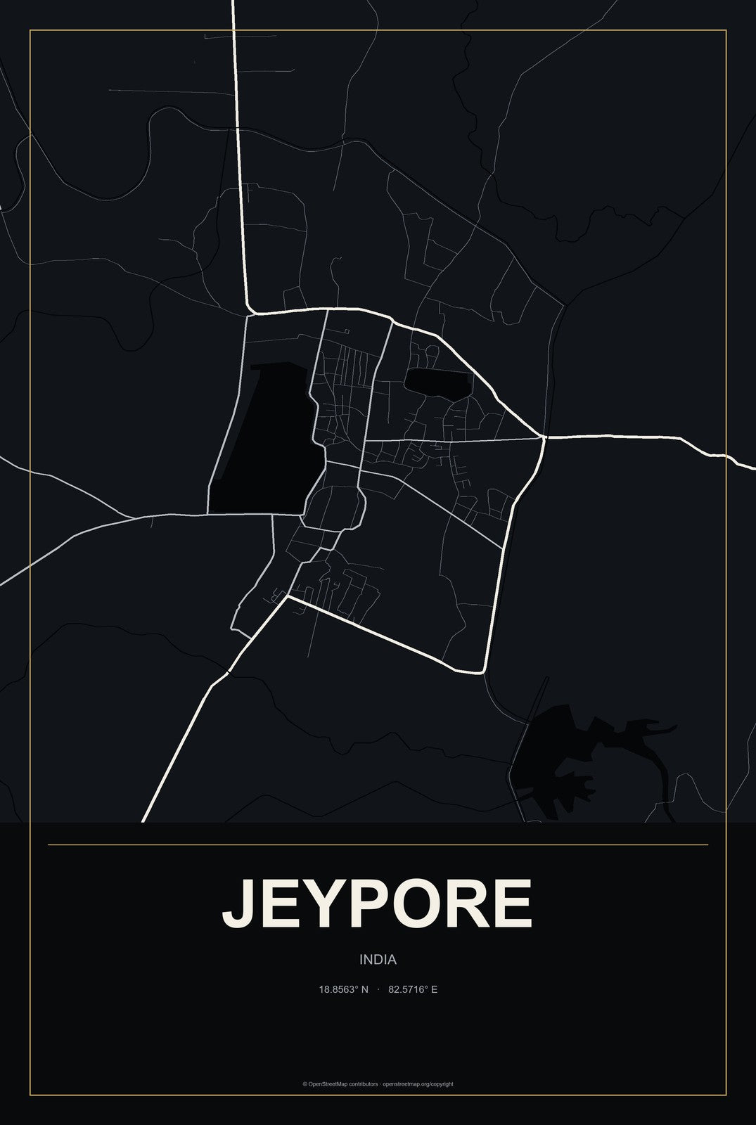 Jeypore, India City Map Aluminum Sign in Metropolitan Noir style