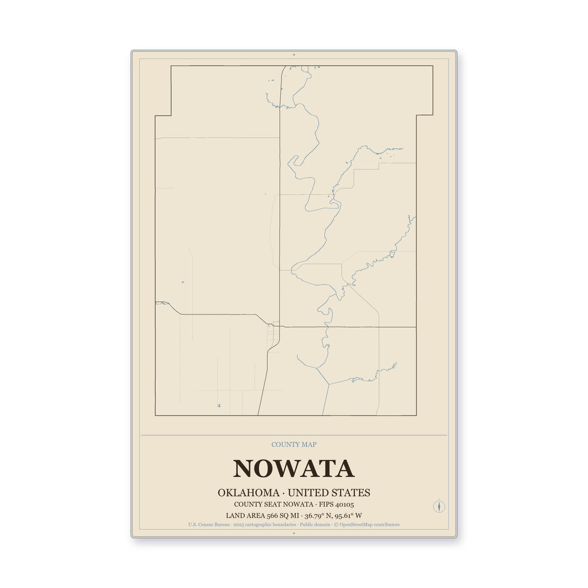 Nowata County, Oklahoma Map Aluminum Sign in Heritage Nautical style
