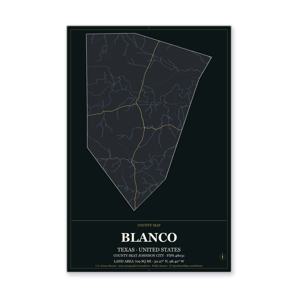 Blanco County, Texas Map Aluminum Sign in Metropolitan Noir style