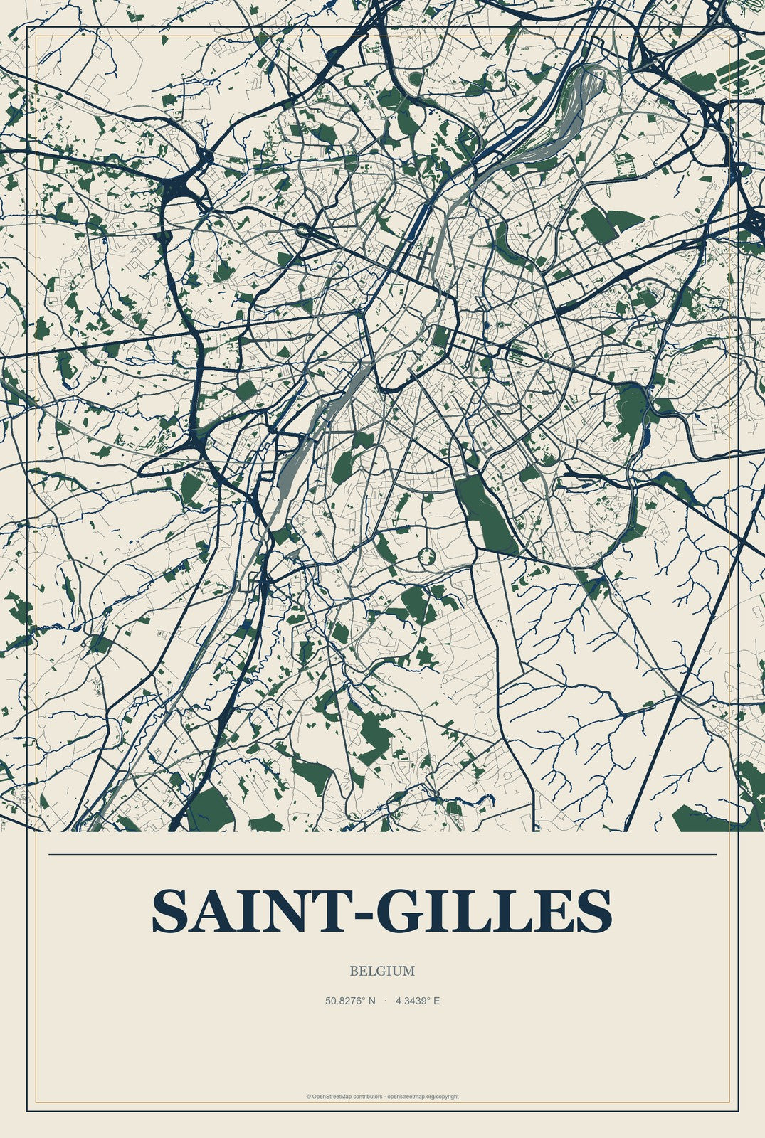 Saint-Gilles, Belgium City Map Aluminum Sign in Coastal Cutout style