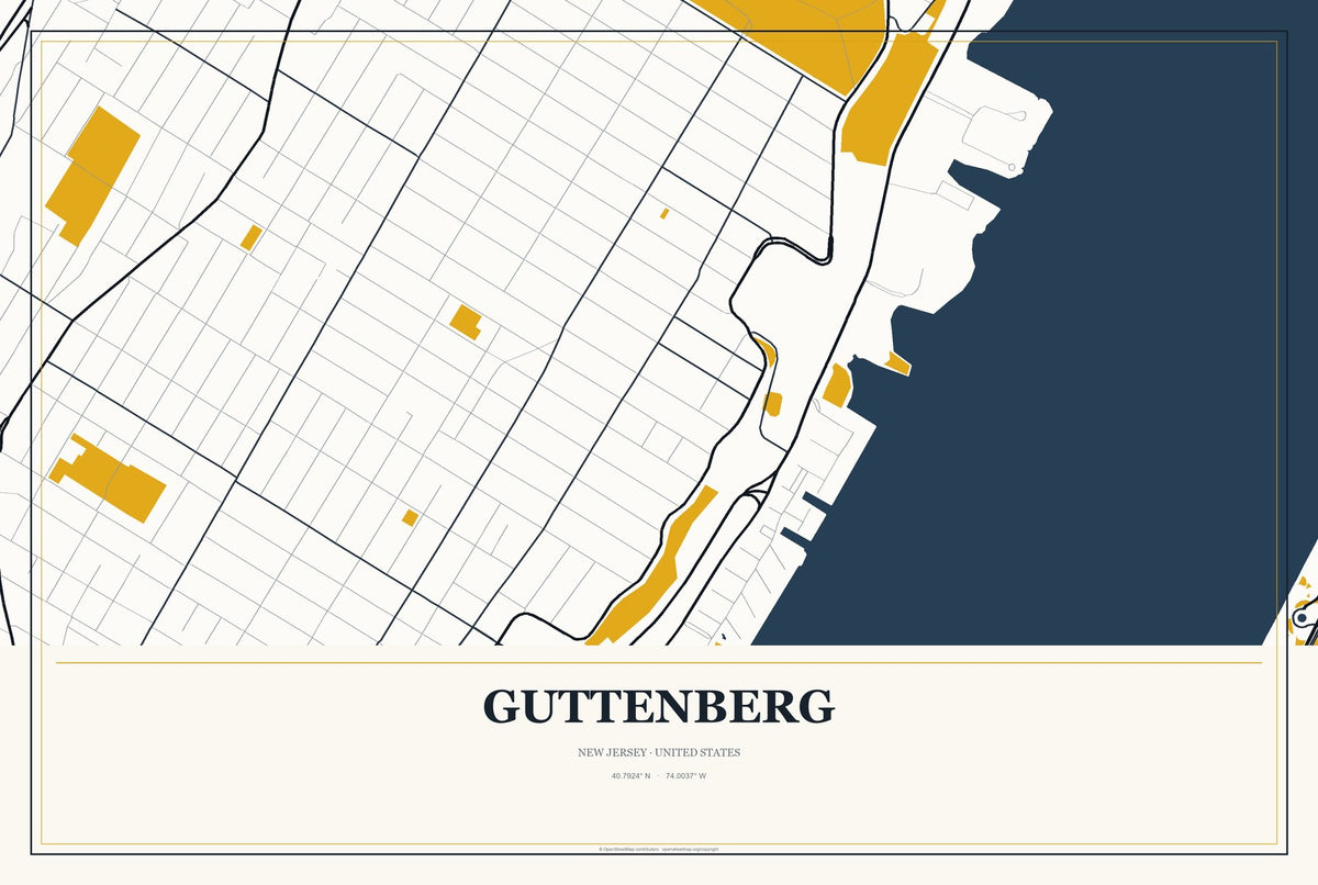 Guttenberg, New Jersey City Map Aluminum Sign in Citrine Modern style