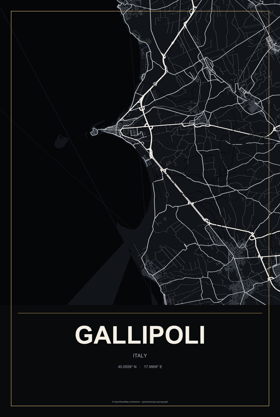 Gallipoli, Italy City Map Aluminum Sign in Metropolitan Noir style
