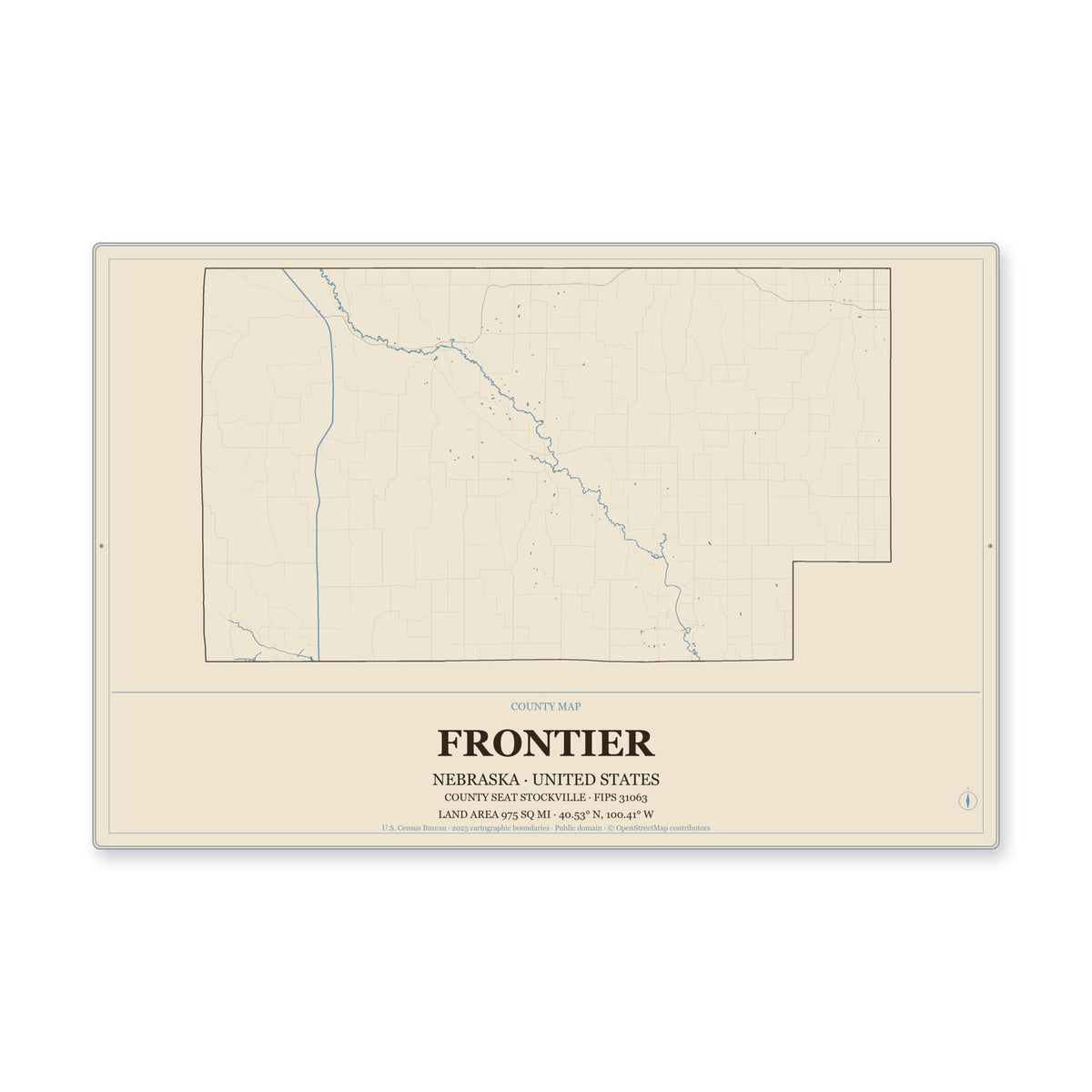 Frontier County, Nebraska Map Aluminum Sign in Heritage Nautical style