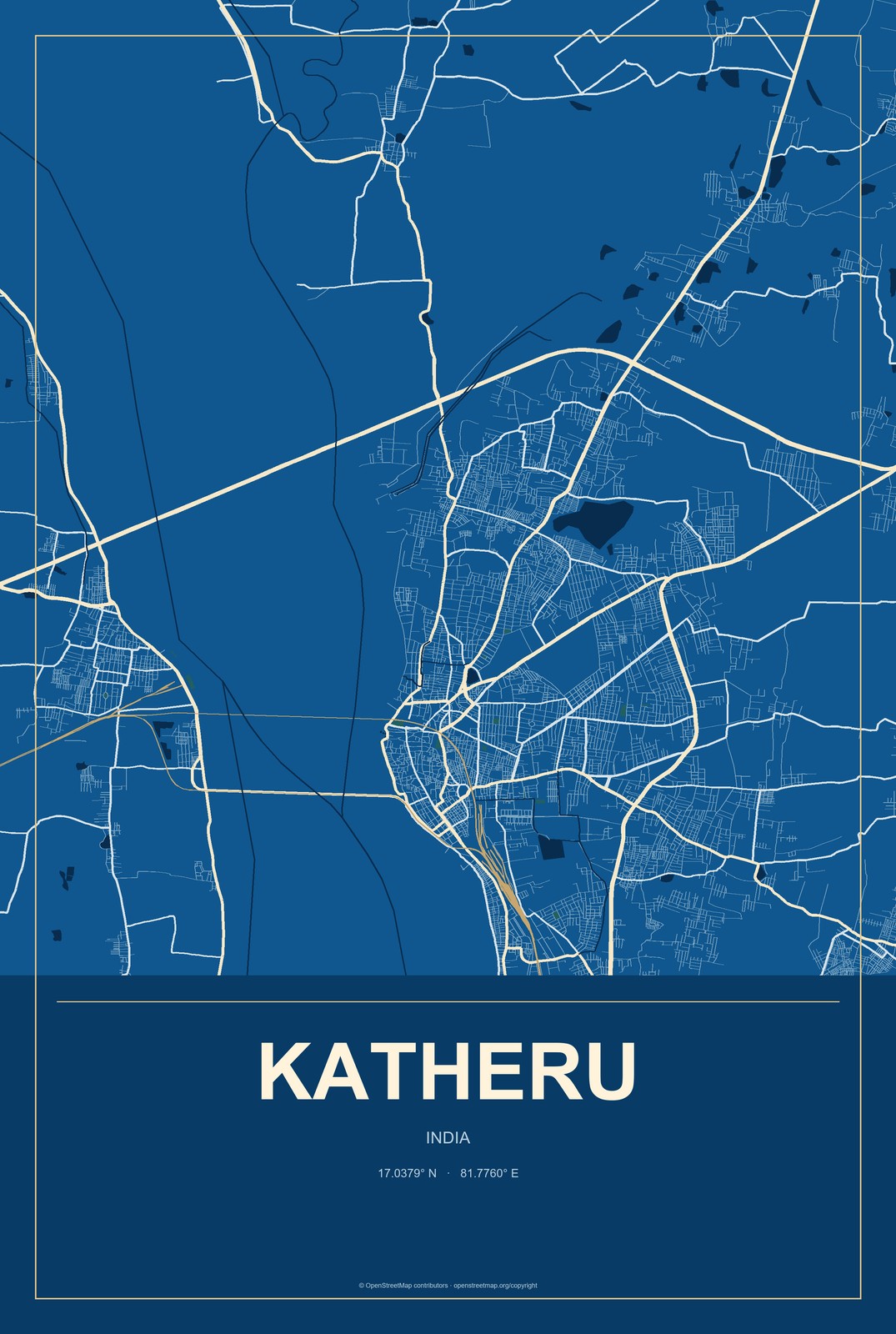 Katheru, India City Map Aluminum Sign in Harbor Cobalt style