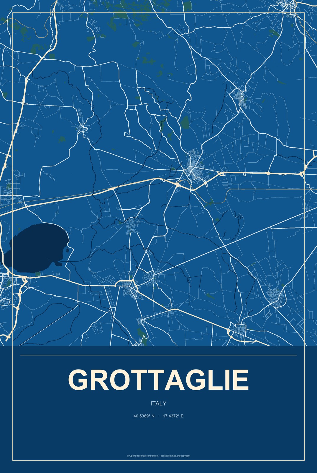 Grottaglie, Italy City Map Aluminum Sign in Harbor Cobalt style