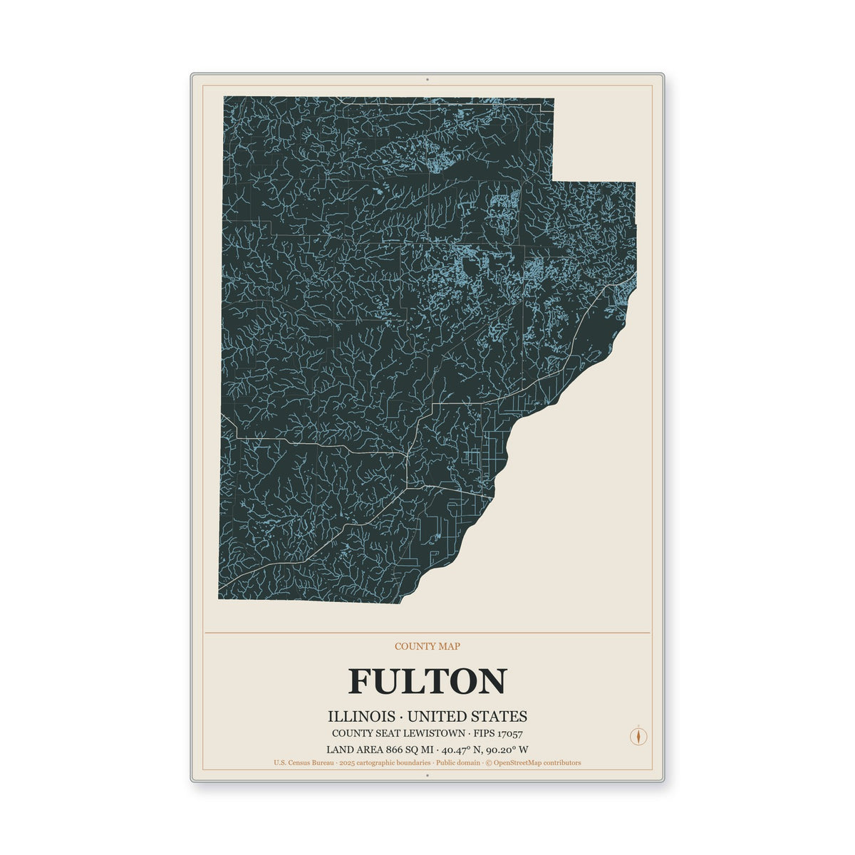 Fulton County, Illinois Map Aluminum Sign in Headline Atlas style
