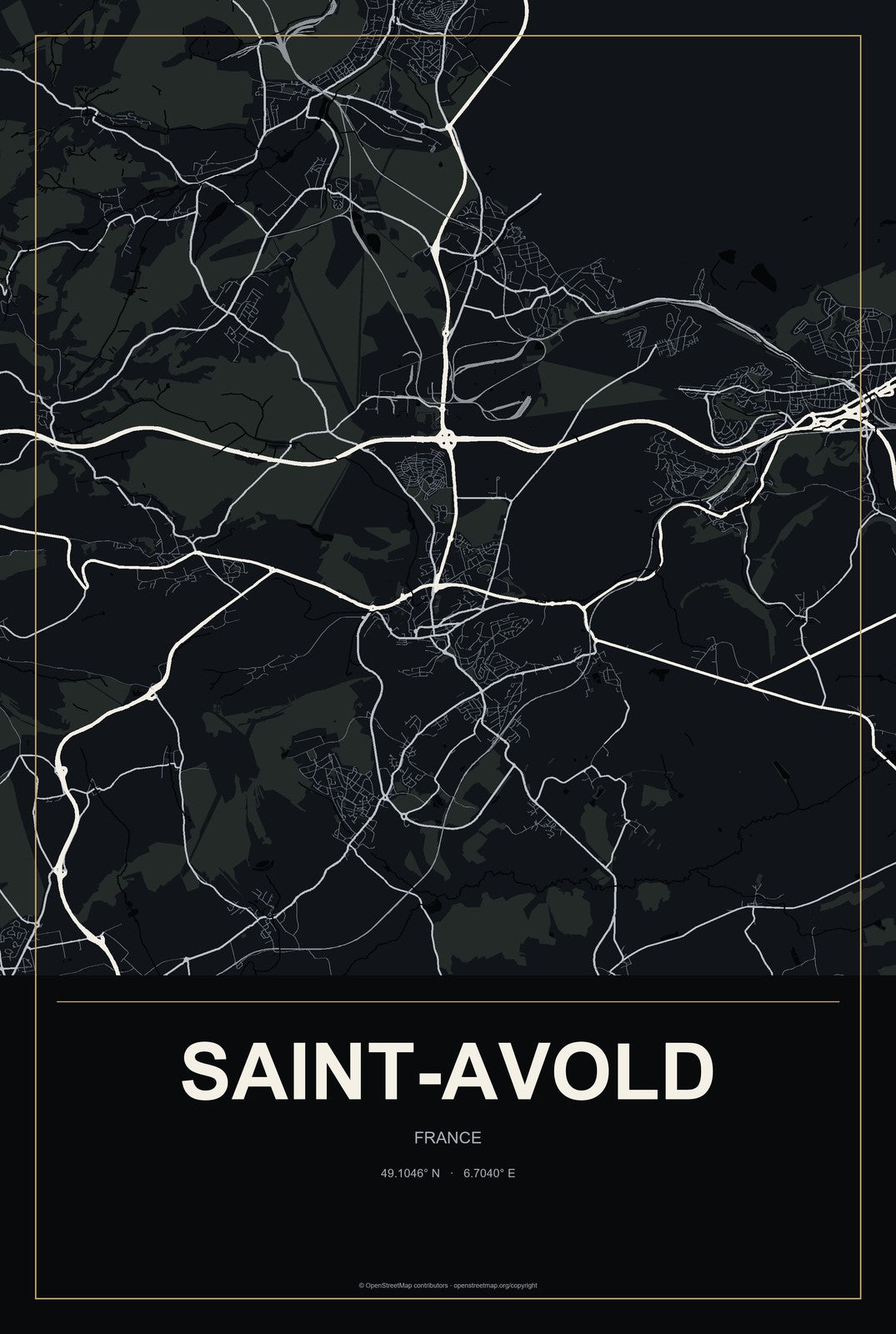 Saint-Avold, France City Map Aluminum Sign in Metropolitan Noir style