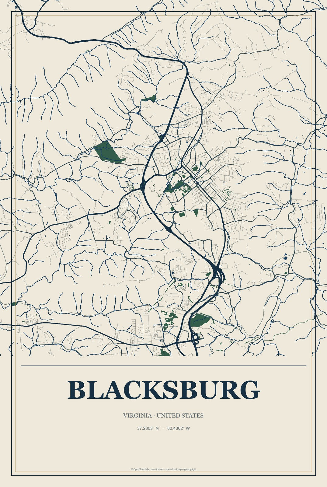 Blacksburg, Virginia City Map Aluminum Sign in Coastal Cutout style