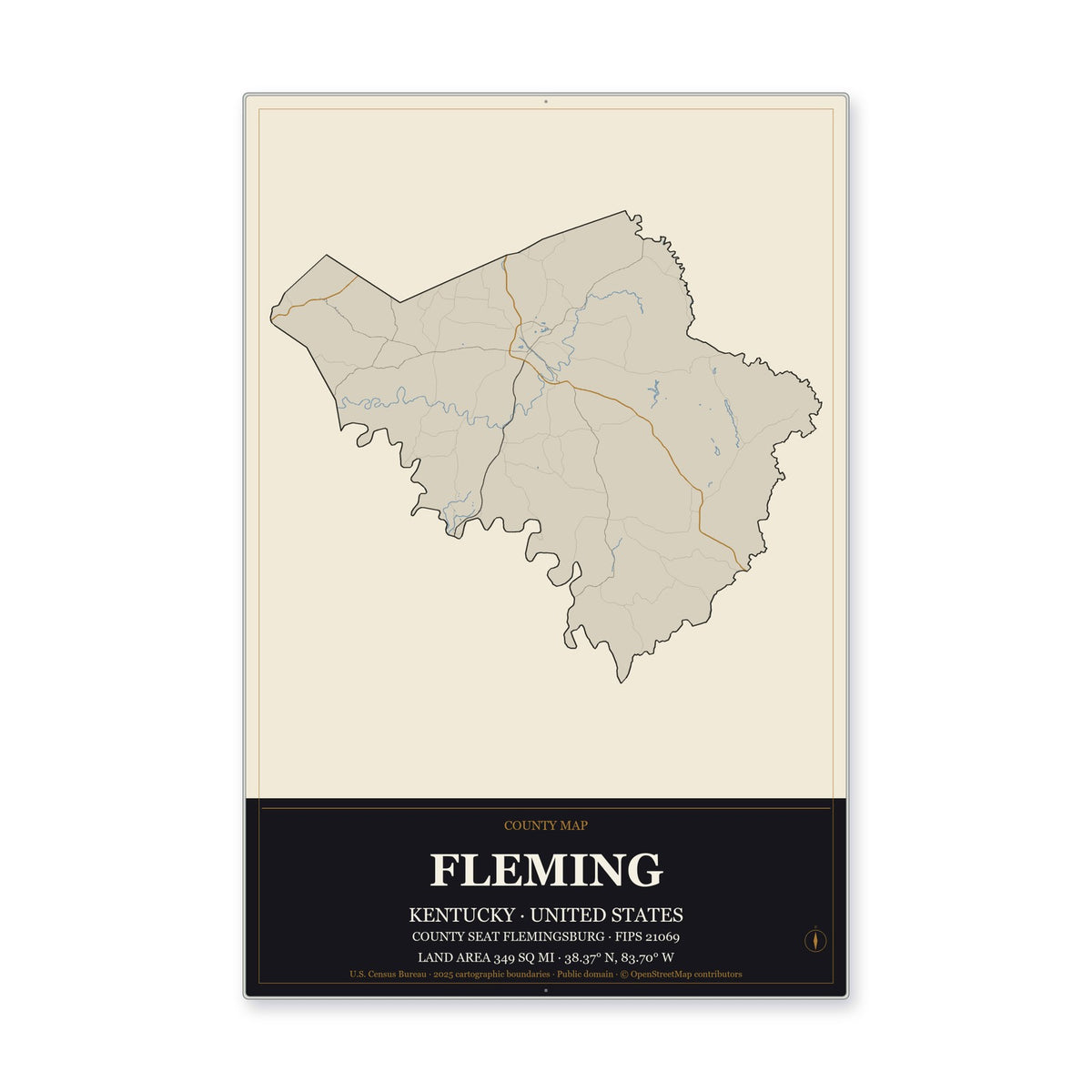 Fleming County, Kentucky Map Aluminum Sign in Museum Plaque style