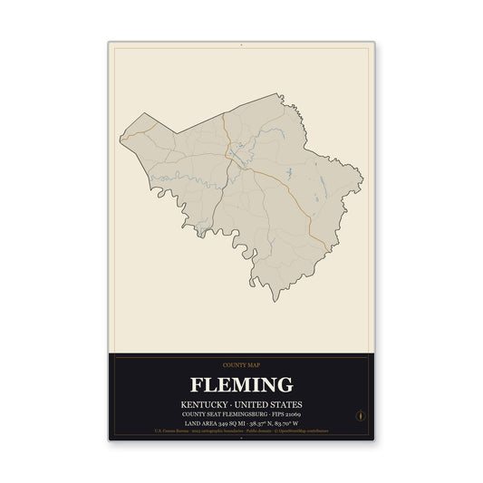 Fleming County, Kentucky Map Aluminum Sign in Museum Plaque style
