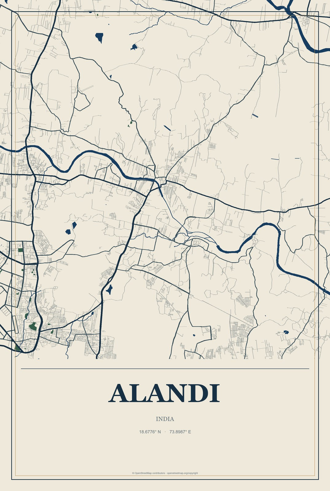 Alandi, India City Map Aluminum Sign in Coastal Cutout style