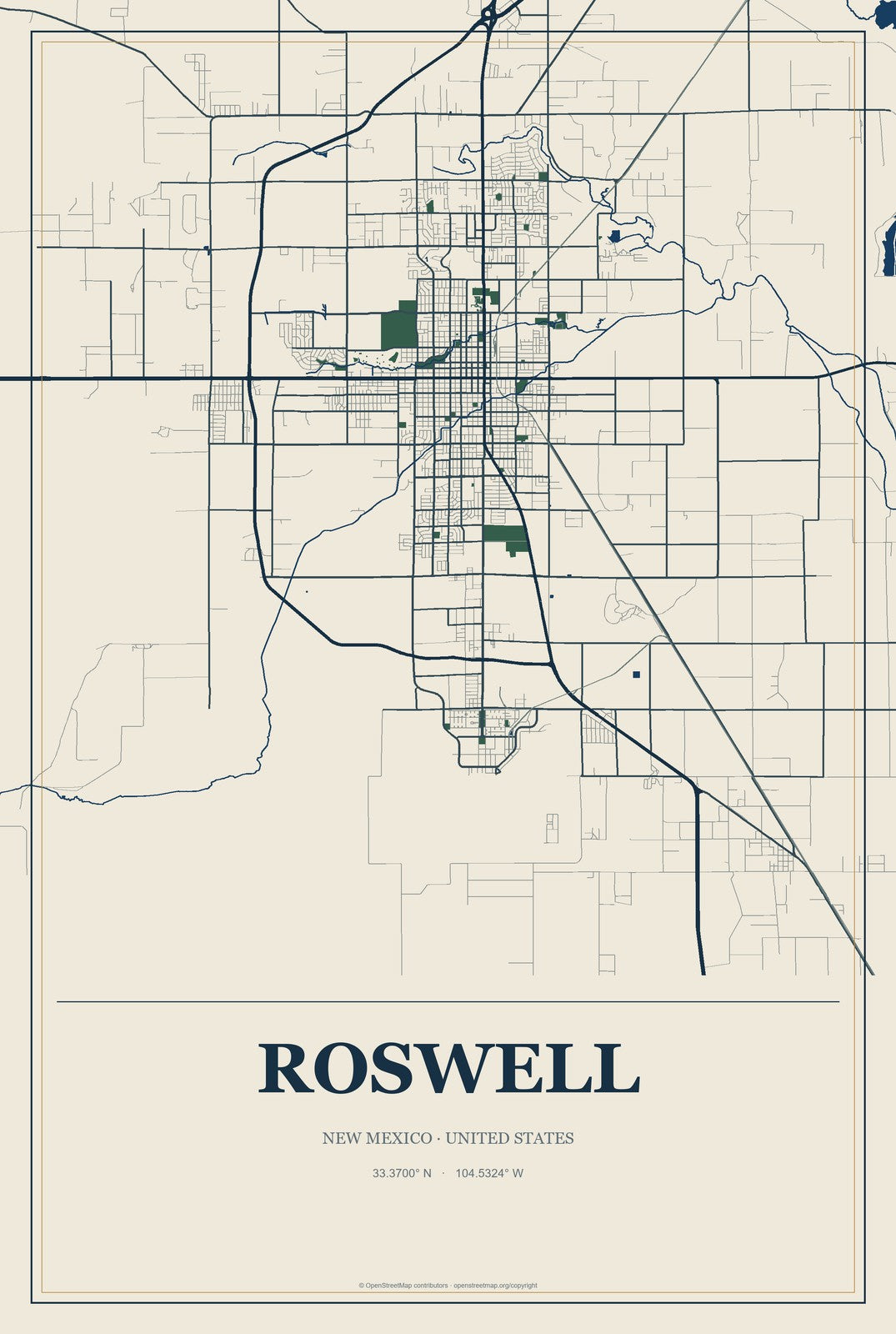 Roswell, New Mexico City Map Aluminum Sign in Coastal Cutout style