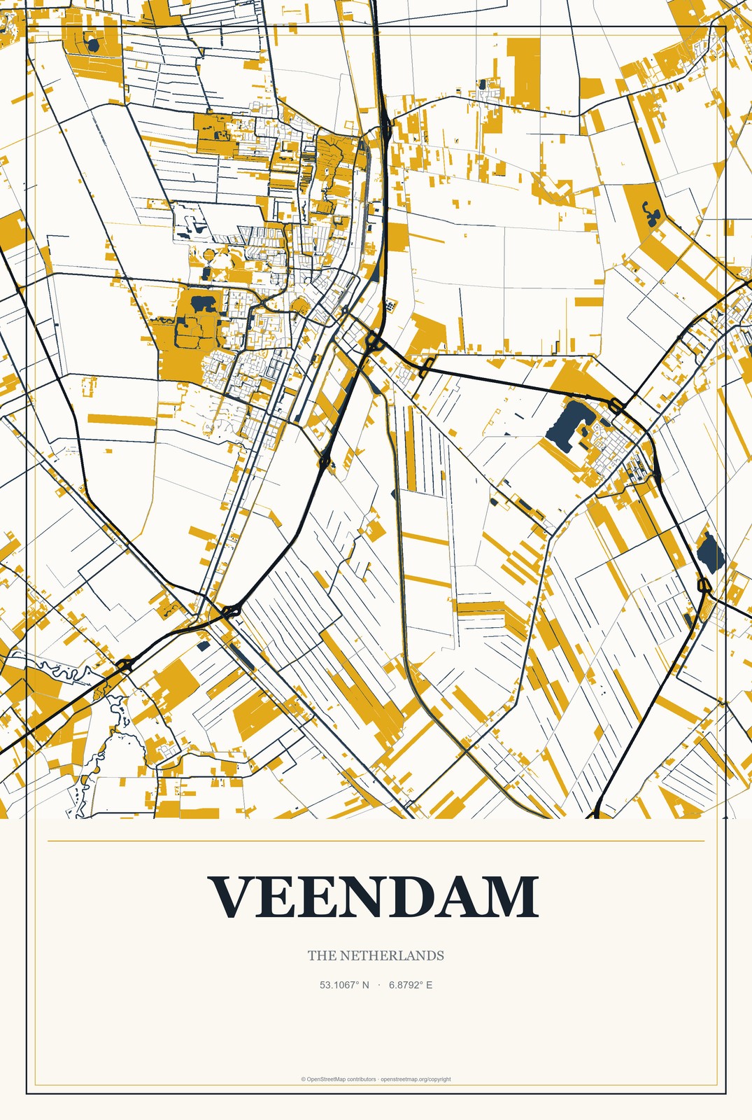 Veendam, The Netherlands City Map Aluminum Sign in Citrine Modern style