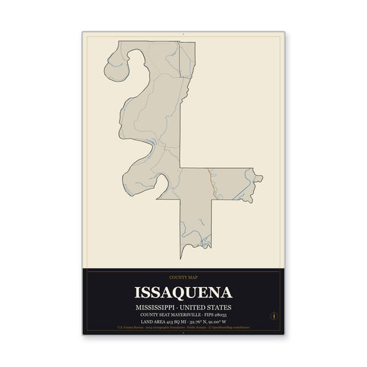 Issaquena County, Mississippi Map Aluminum Sign in Museum Plaque style