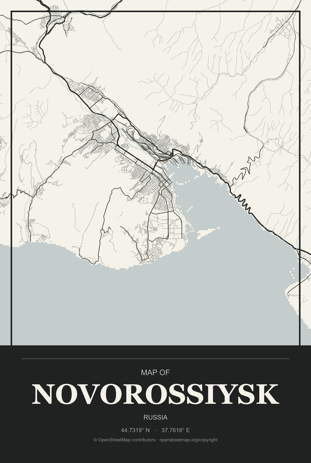 Novorossiysk, Russia City Map Aluminum Sign in Museum Plaque style