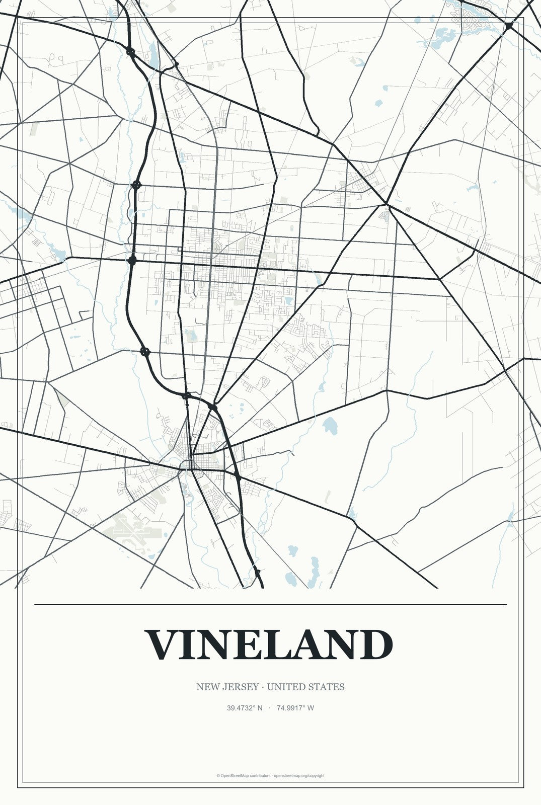 Vineland, New Jersey City Map Aluminum Sign in Gallery Air style