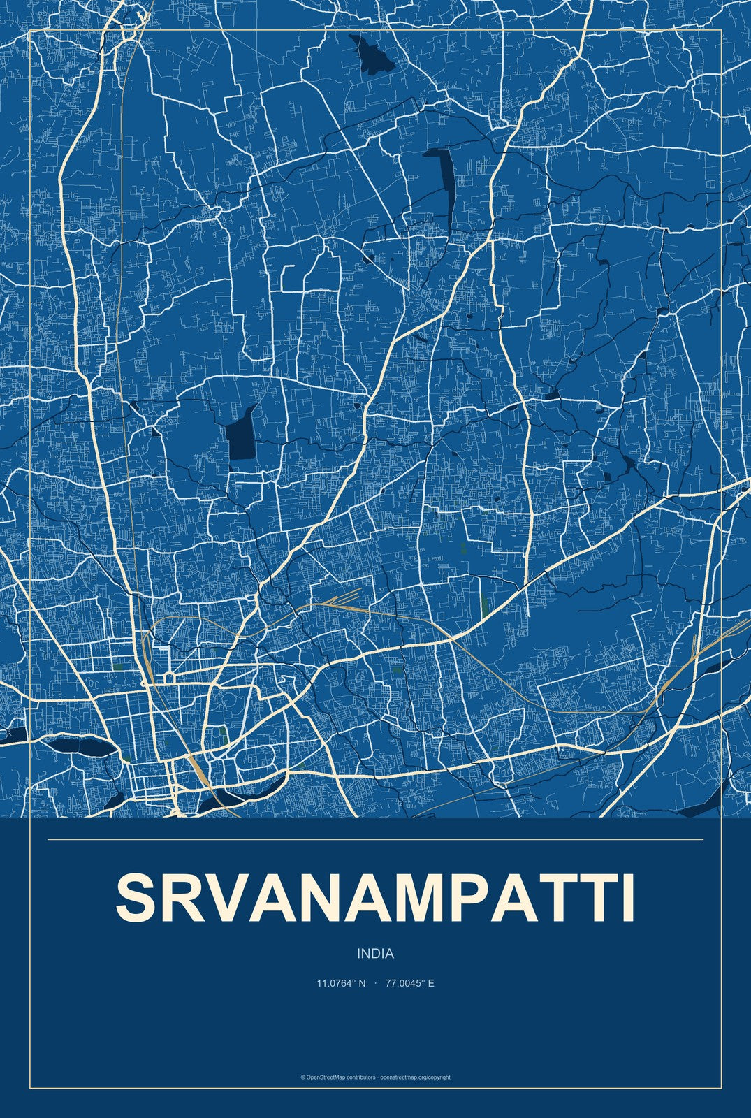 Srvanampatti, India City Map Aluminum Sign in Harbor Cobalt style