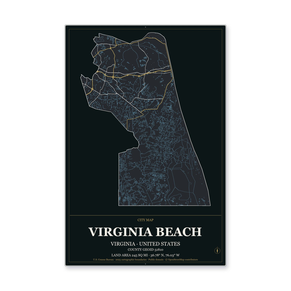 Virginia Beach city, Virginia Map Aluminum Sign in Metropolitan Noir style