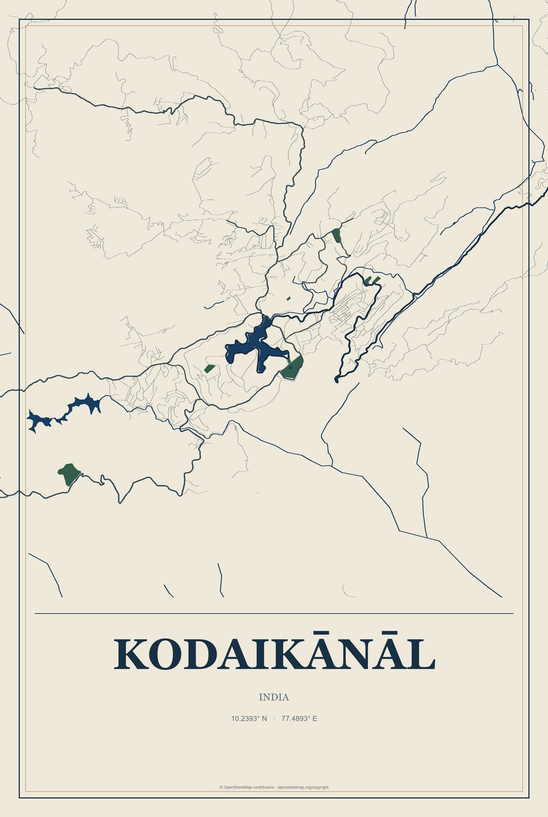 Kodaikānāl, India City Map Aluminum Sign in Coastal Cutout style