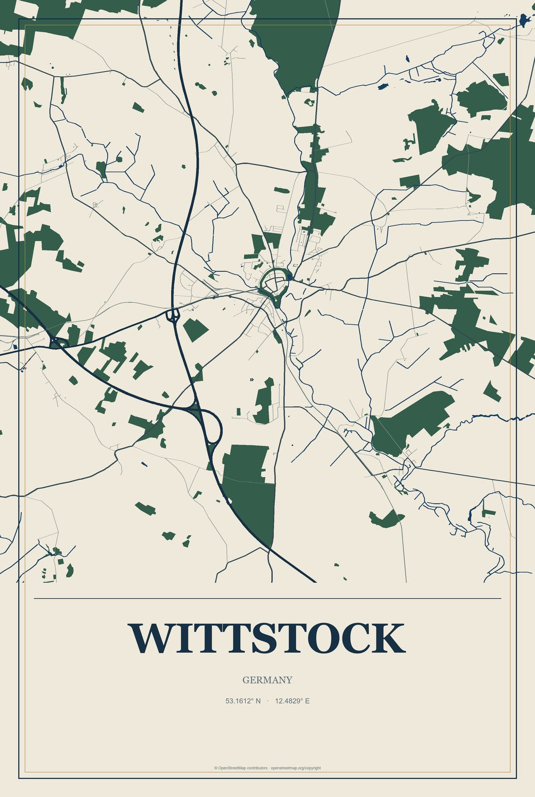 Wittstock, Germany City Map Aluminum Sign in Coastal Cutout style