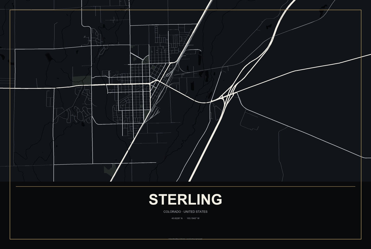 Sterling, Colorado City Map Aluminum Sign in Metropolitan Noir style