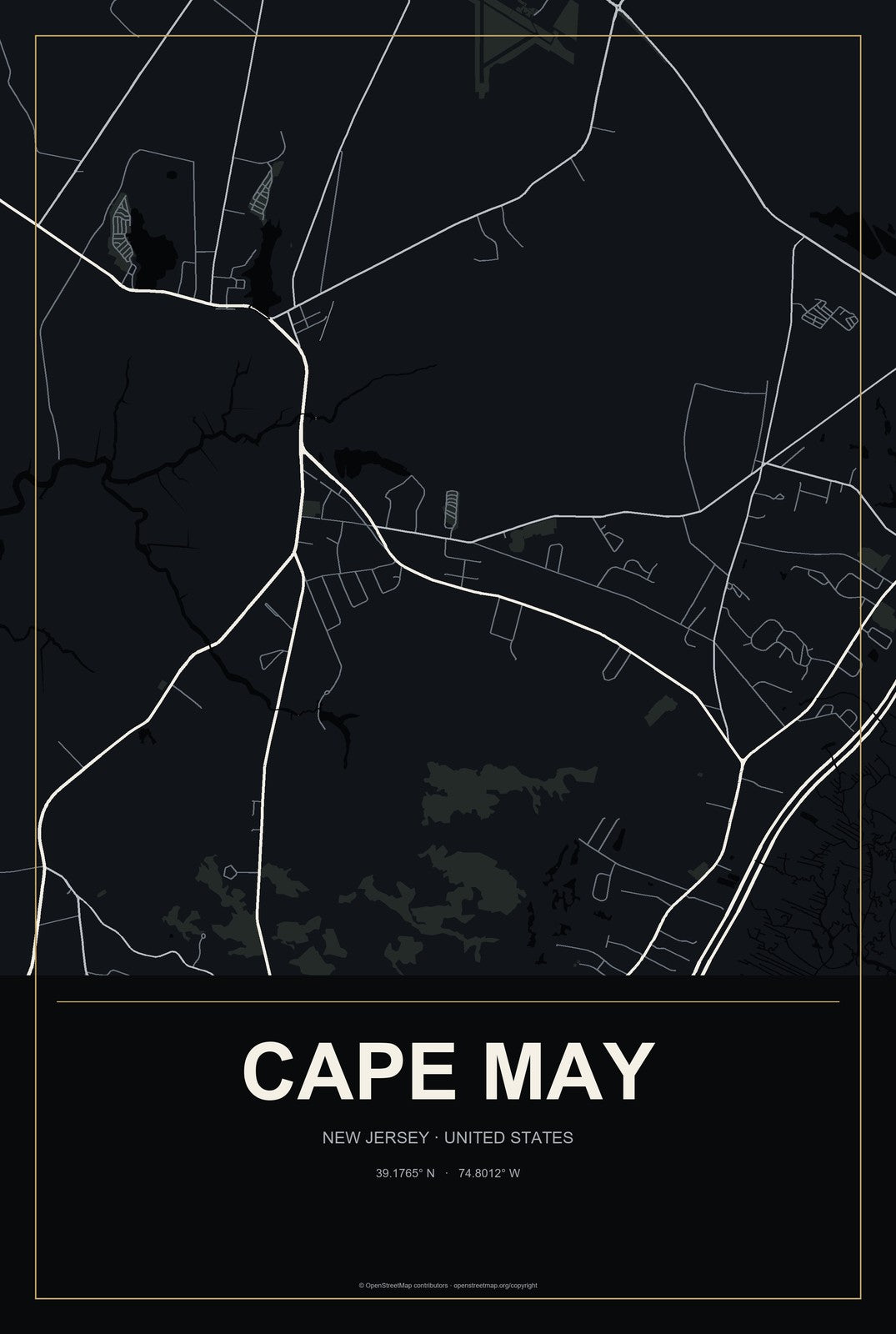 Cape May, New Jersey City Map Aluminum Sign in Metropolitan Noir style