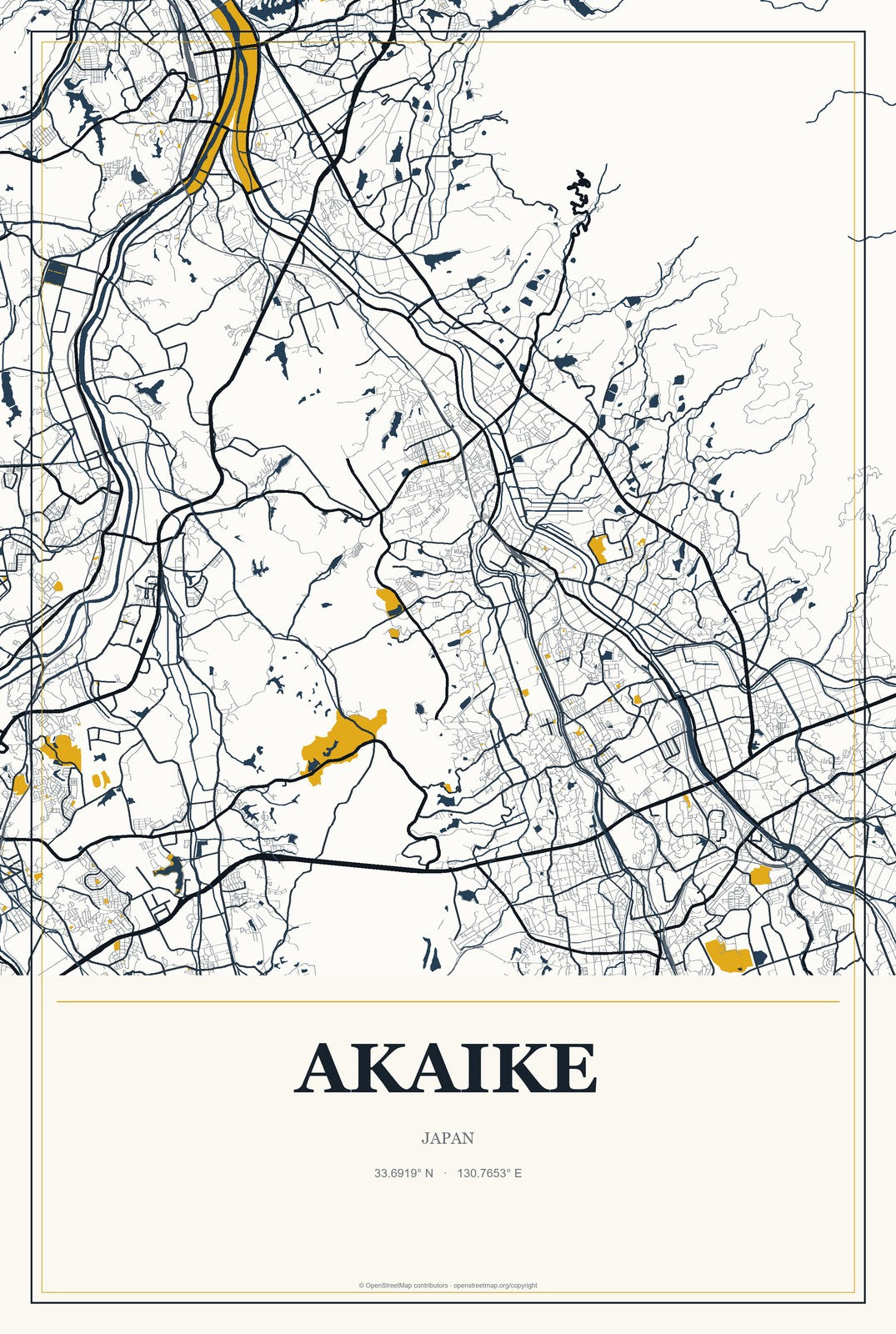 Akaike, Japan City Map Aluminum Sign in Citrine Modern style