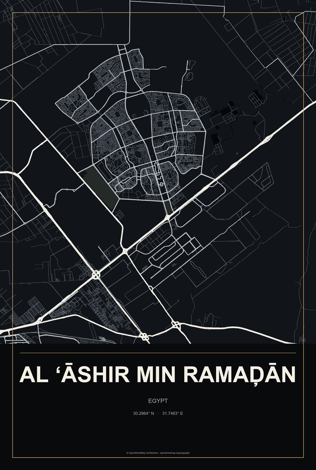 Al ‘Āshir min Ramaḑān, Egypt City Map Aluminum Sign in Metropolitan Noir style