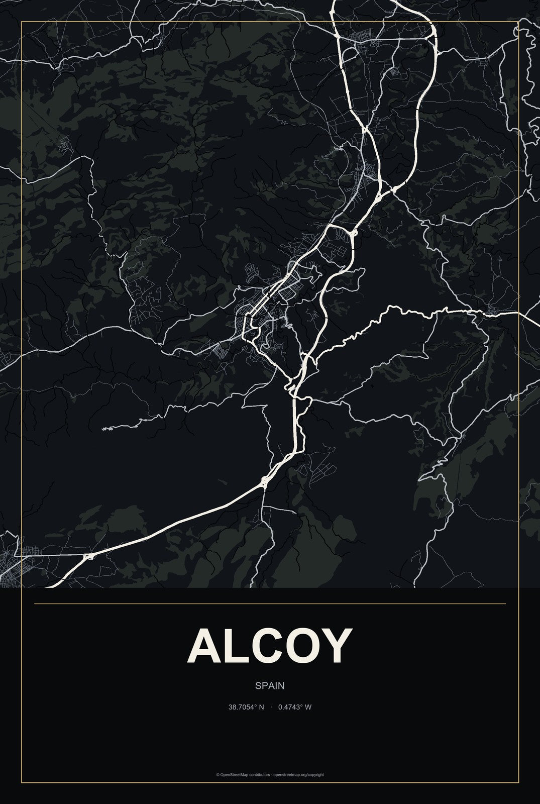 Alcoy, Spain City Map Aluminum Sign in Metropolitan Noir style