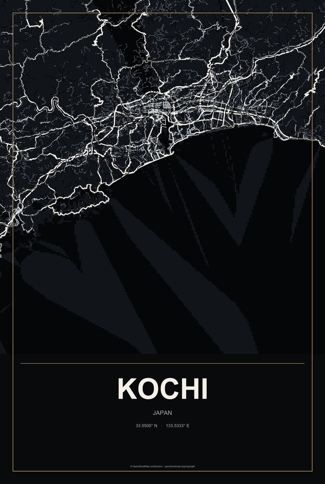 Kochi, Japan City Map Aluminum Sign in Metropolitan Noir style