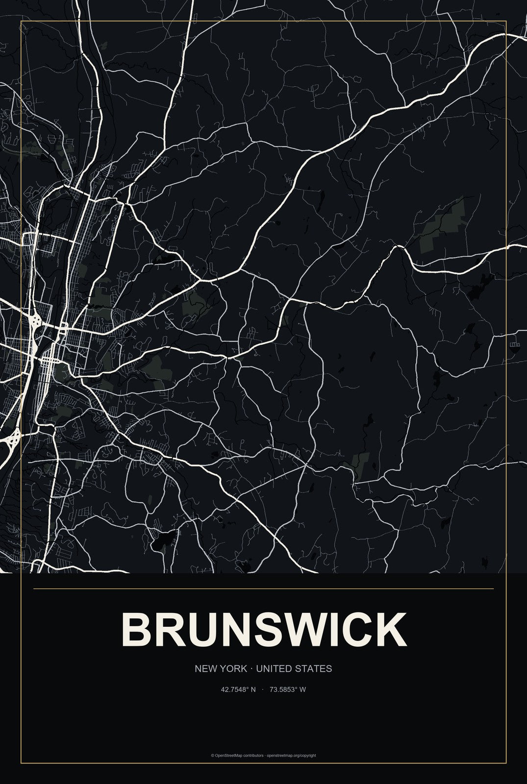 Brunswick, New York City Map Aluminum Sign in Metropolitan Noir style