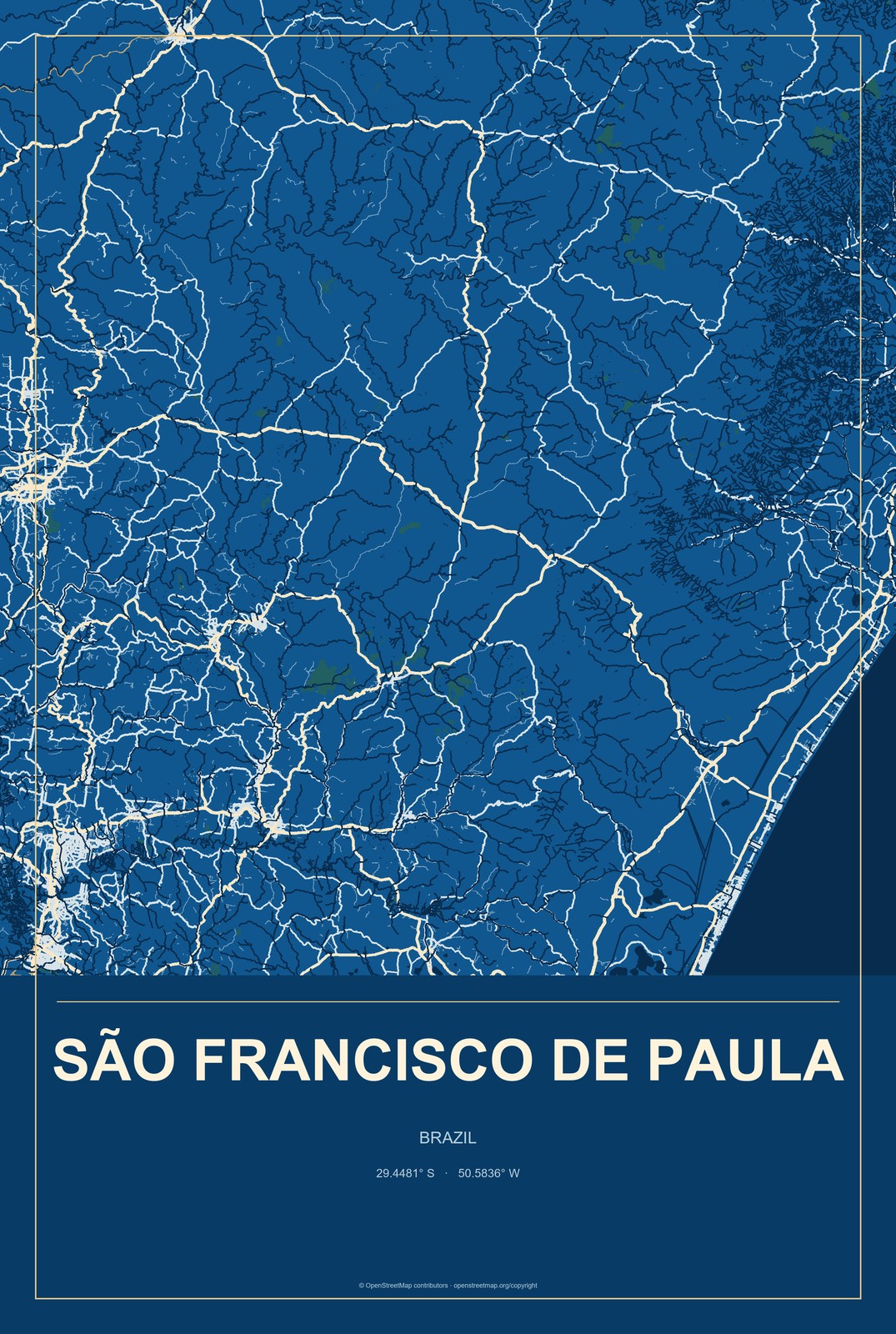 São Francisco de Paula, Brazil City Map Aluminum Sign in Harbor Cobalt style