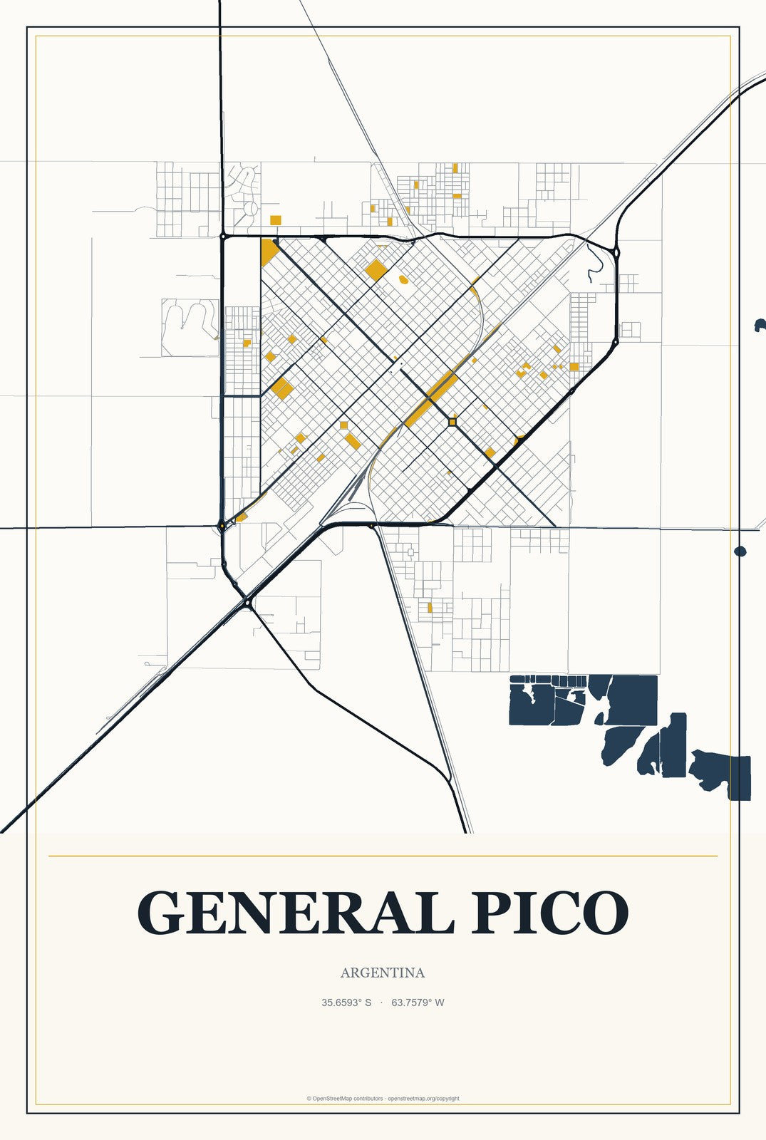 General Pico, Argentina City Map Aluminum Sign in Citrine Modern style